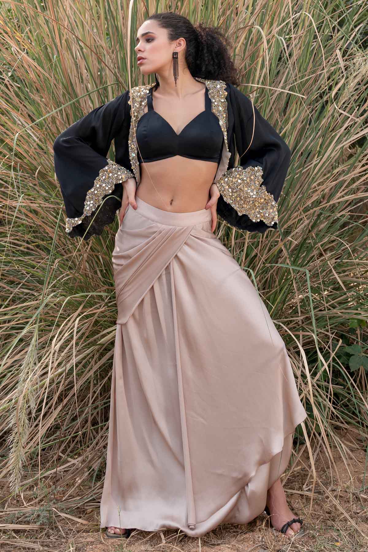 Buy Designer Black & Beige Drape Skirt Set Online